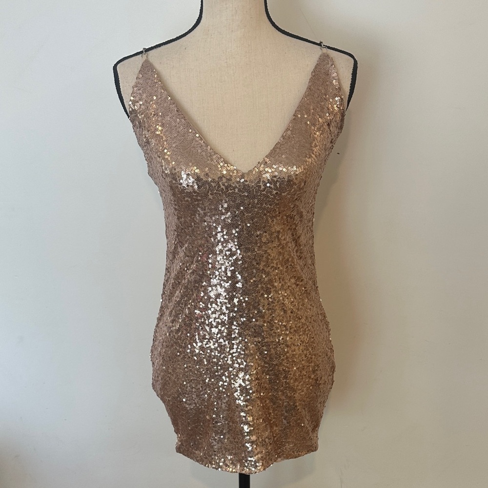 PrettyLittleThing Champagne Mini Sequin Dress crisscross back 2 Cowl Back